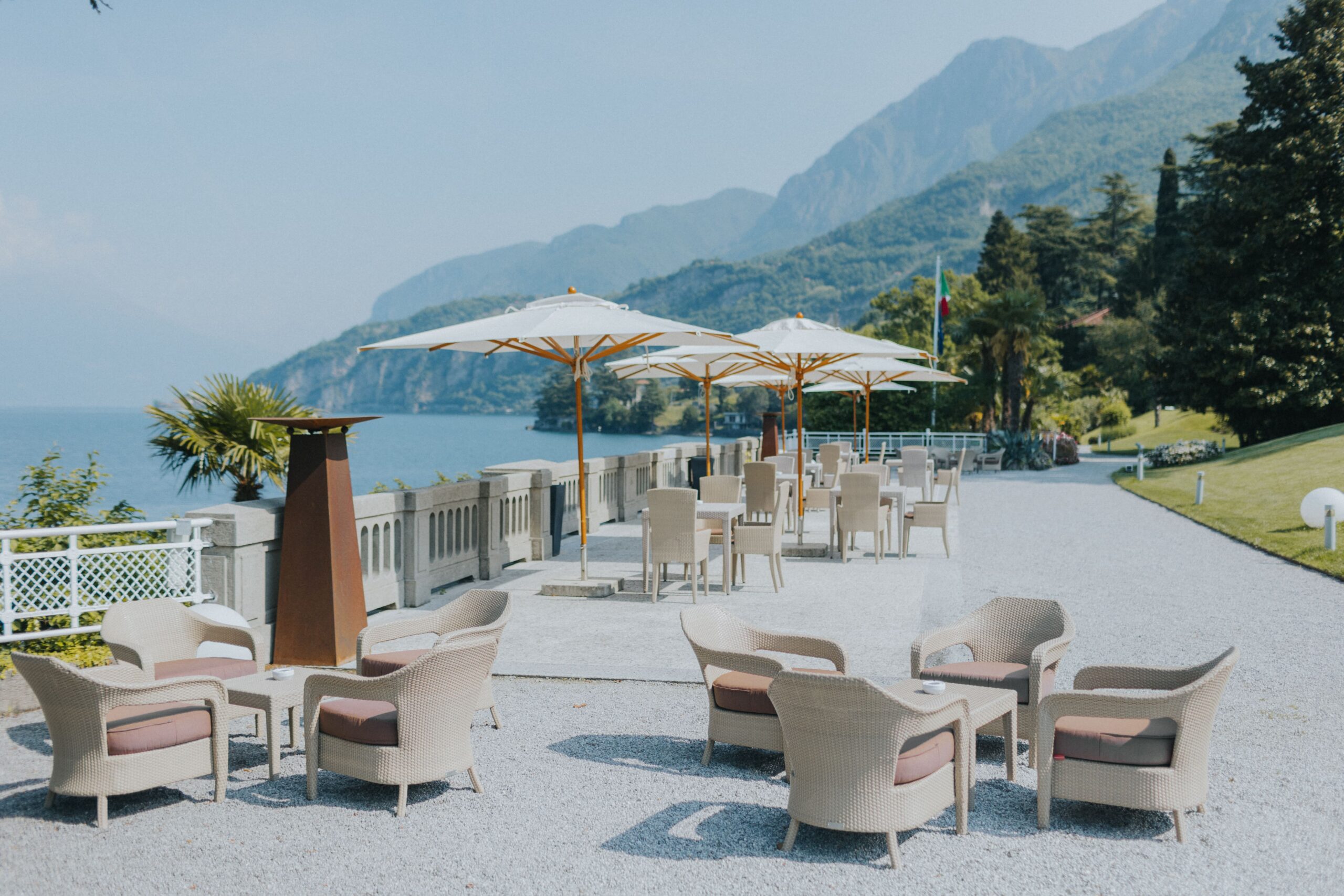 The view of garden and terrace at Villa Lario on Lake Como
