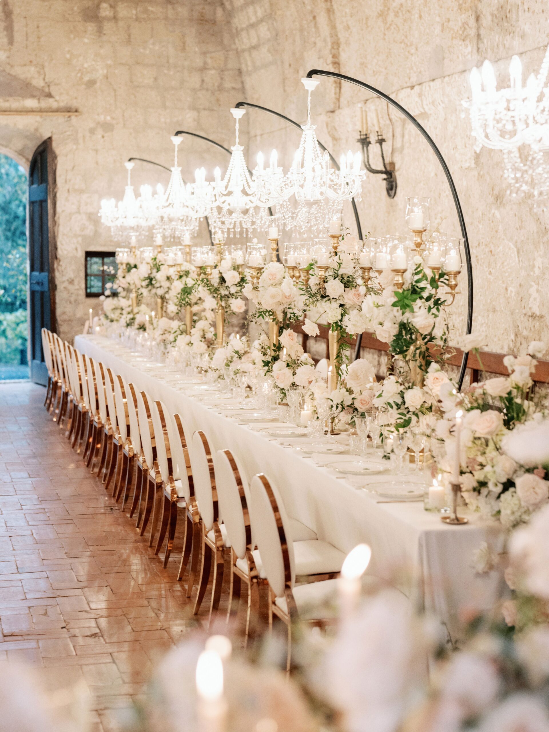 Imperial tables with chandelier at La Badia di Orvieto, Umbria
